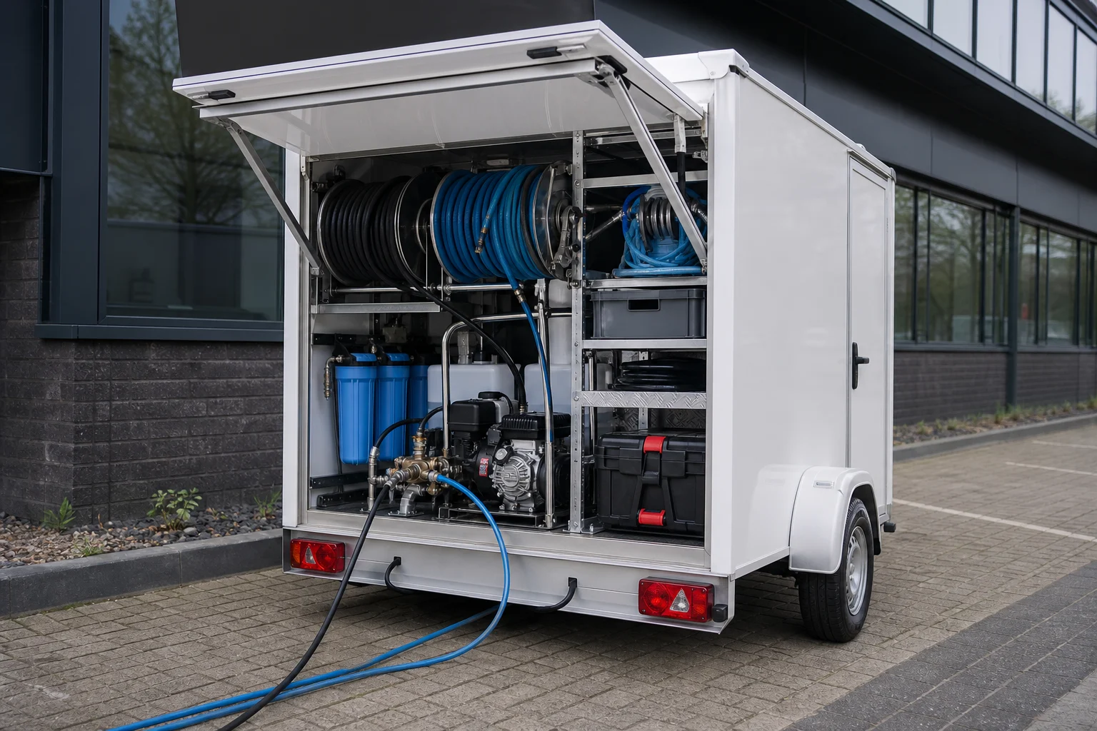 Professioneel reinigingsmaterieel overzichtelijk ingericht in een compacte aanhanger