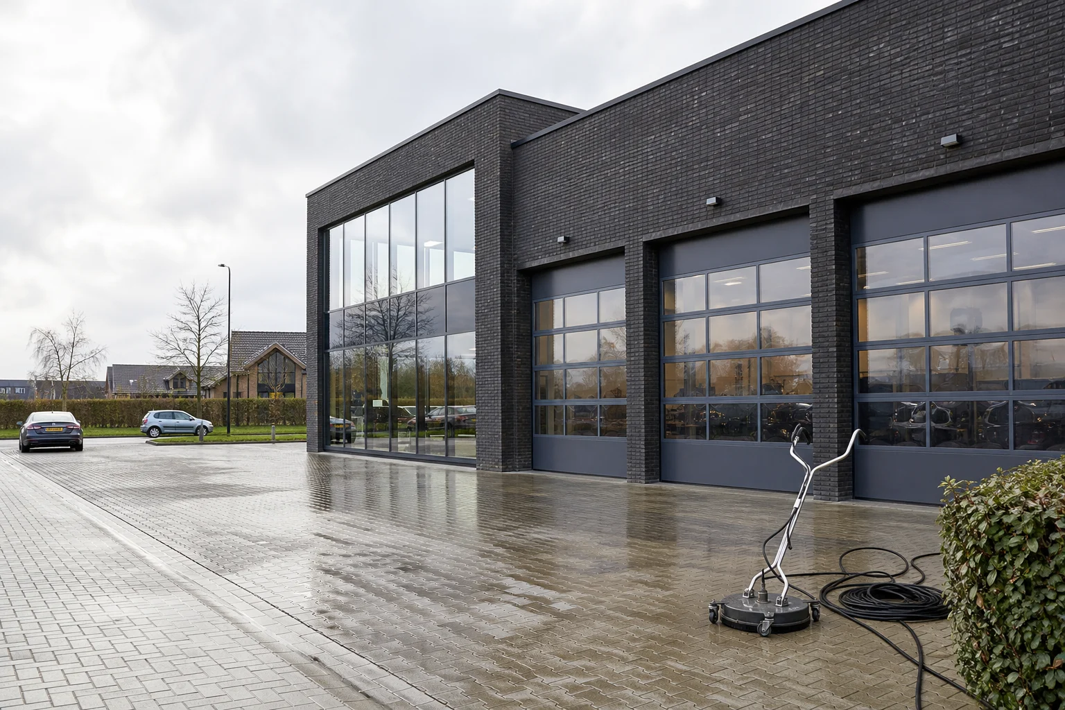Gereinigd buitenterrein en glasgevel van een Nederlands automotivebedrijf