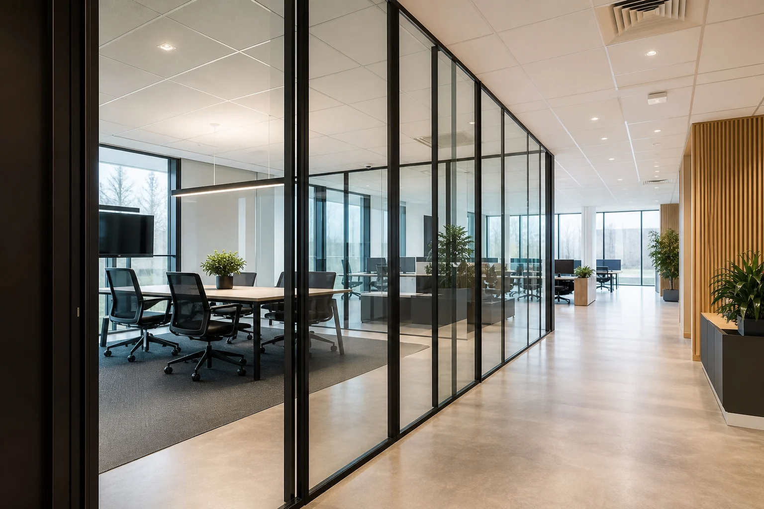 Brandschoon modern kantoorinterieur met glazen scheidingswanden en een verzorgde vloer