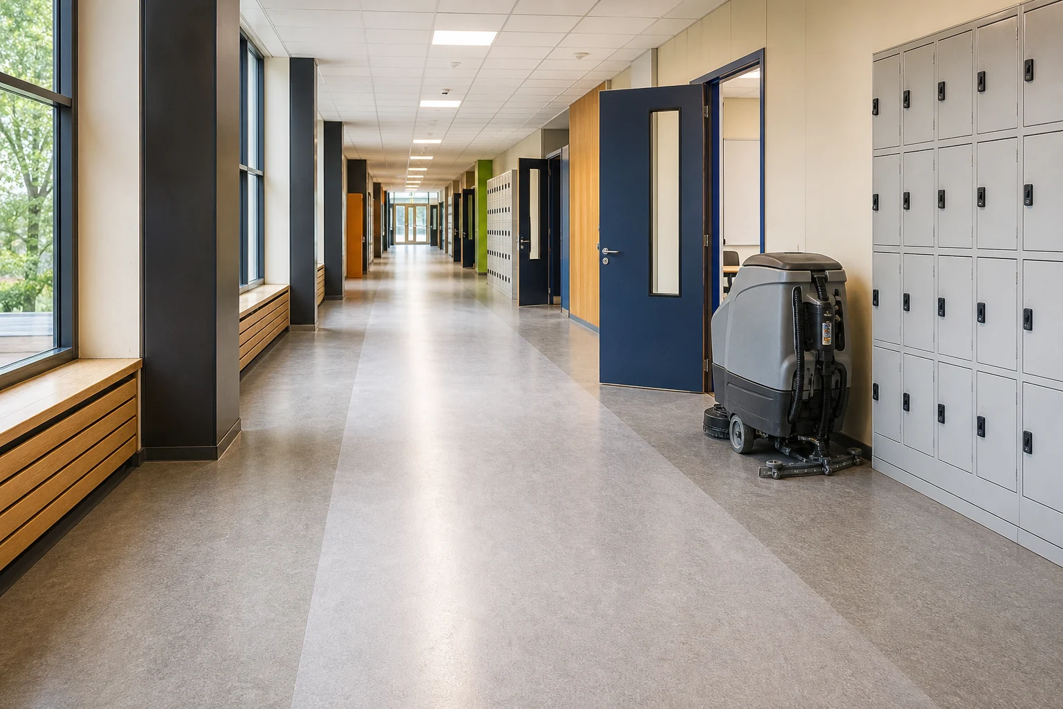 Professioneel gereinigde vloer in een lege Nederlandse schoolgang tijdens de vakantie