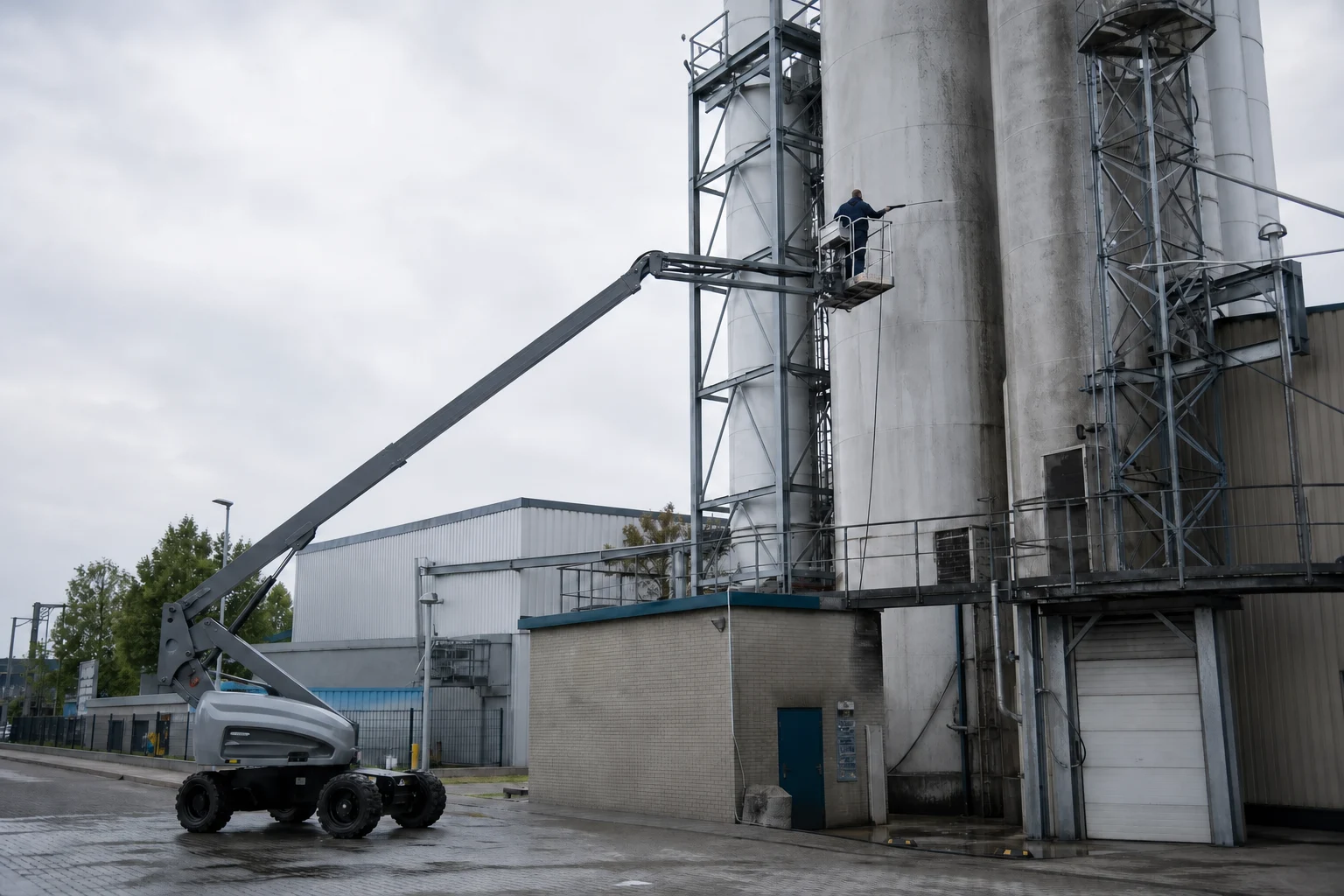 Specialistische reiniging van industriële silo’s vanuit een hoogwerker