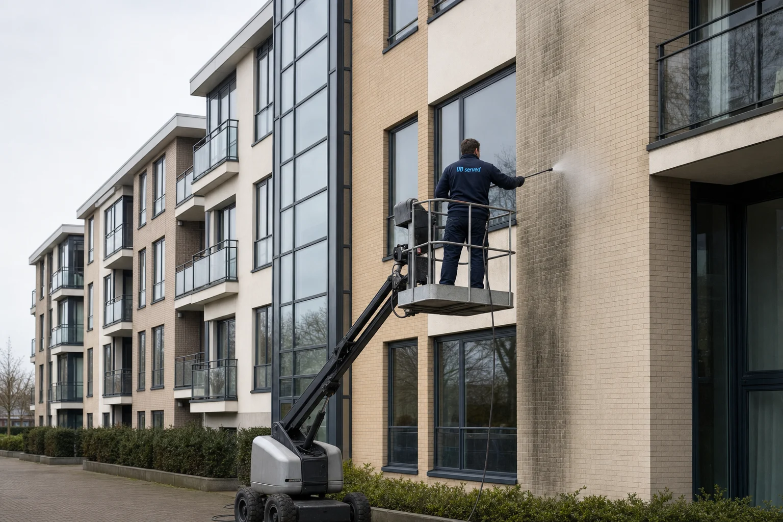 UB Served-medewerker reinigt de gevel van een Nederlands appartementencomplex vanuit een hoogwerker