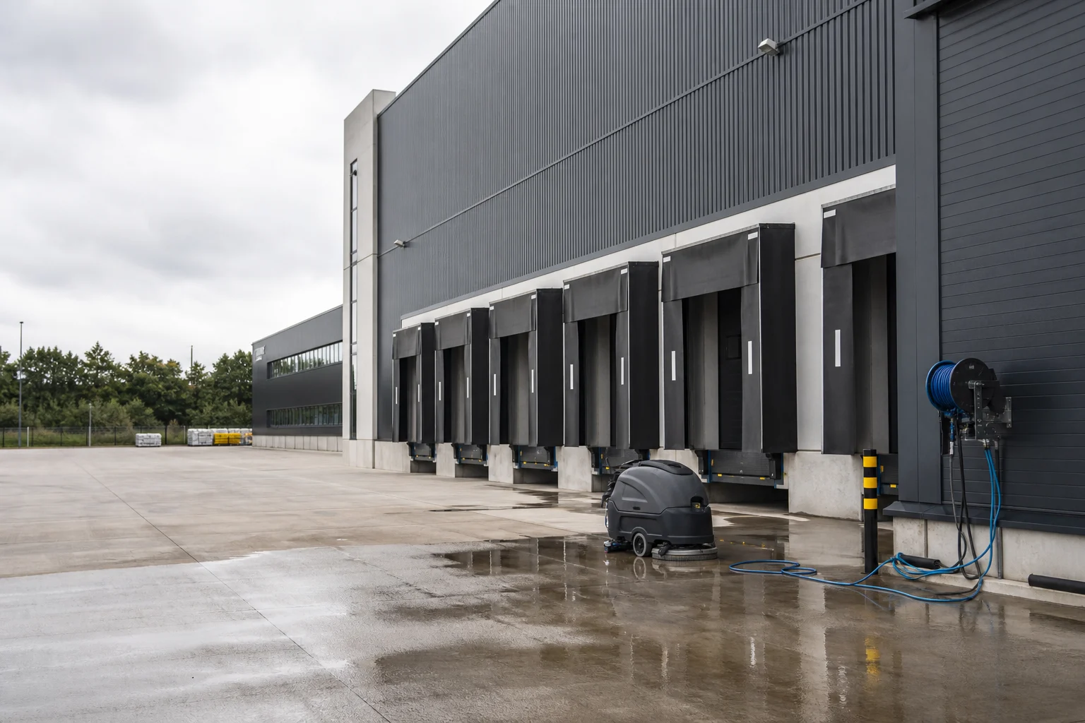 Professioneel gereinigd buitenterrein en laadperrons van een Nederlands warehouse