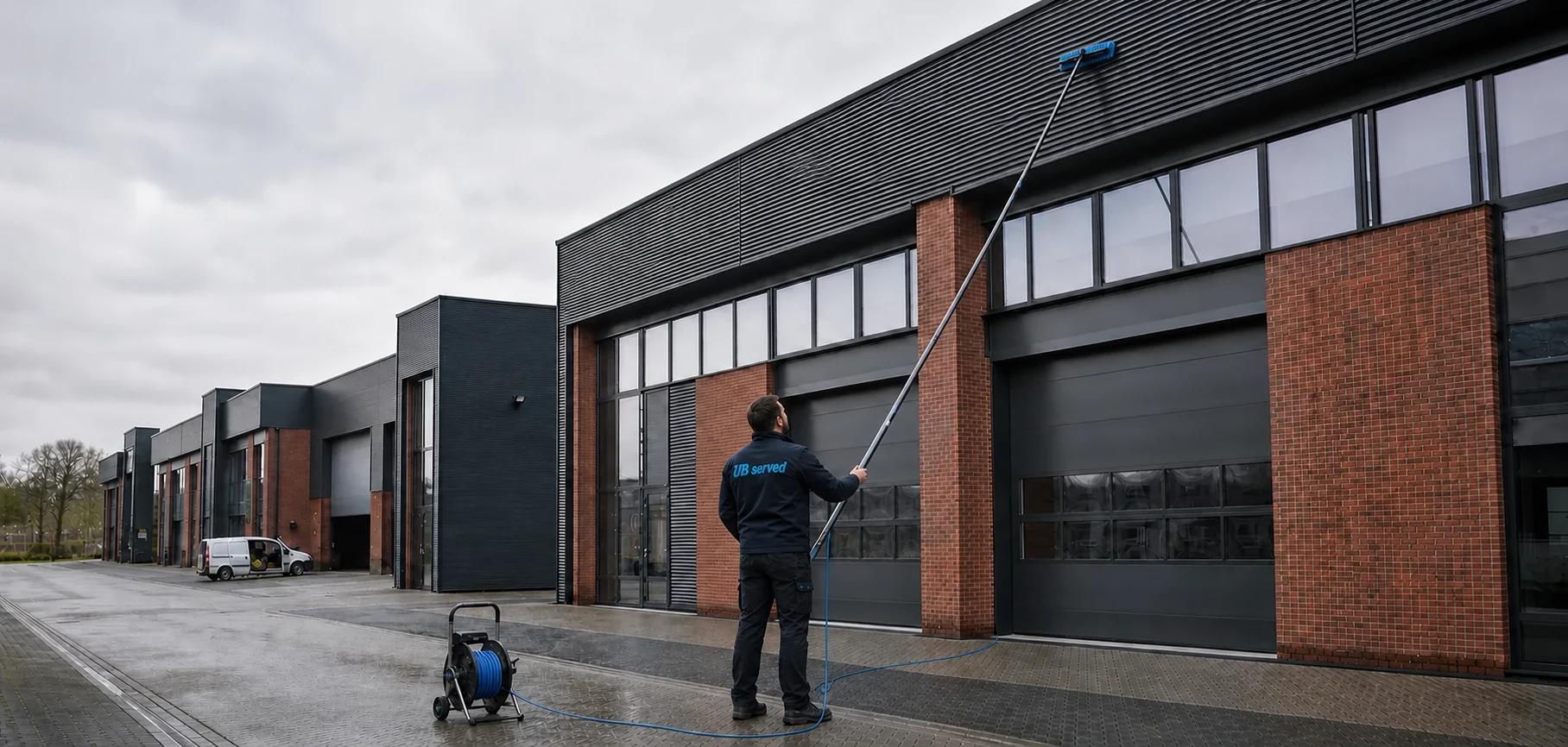 UB Served-medewerker reinigt een Nederlands bedrijfspand met een telescoopsteel