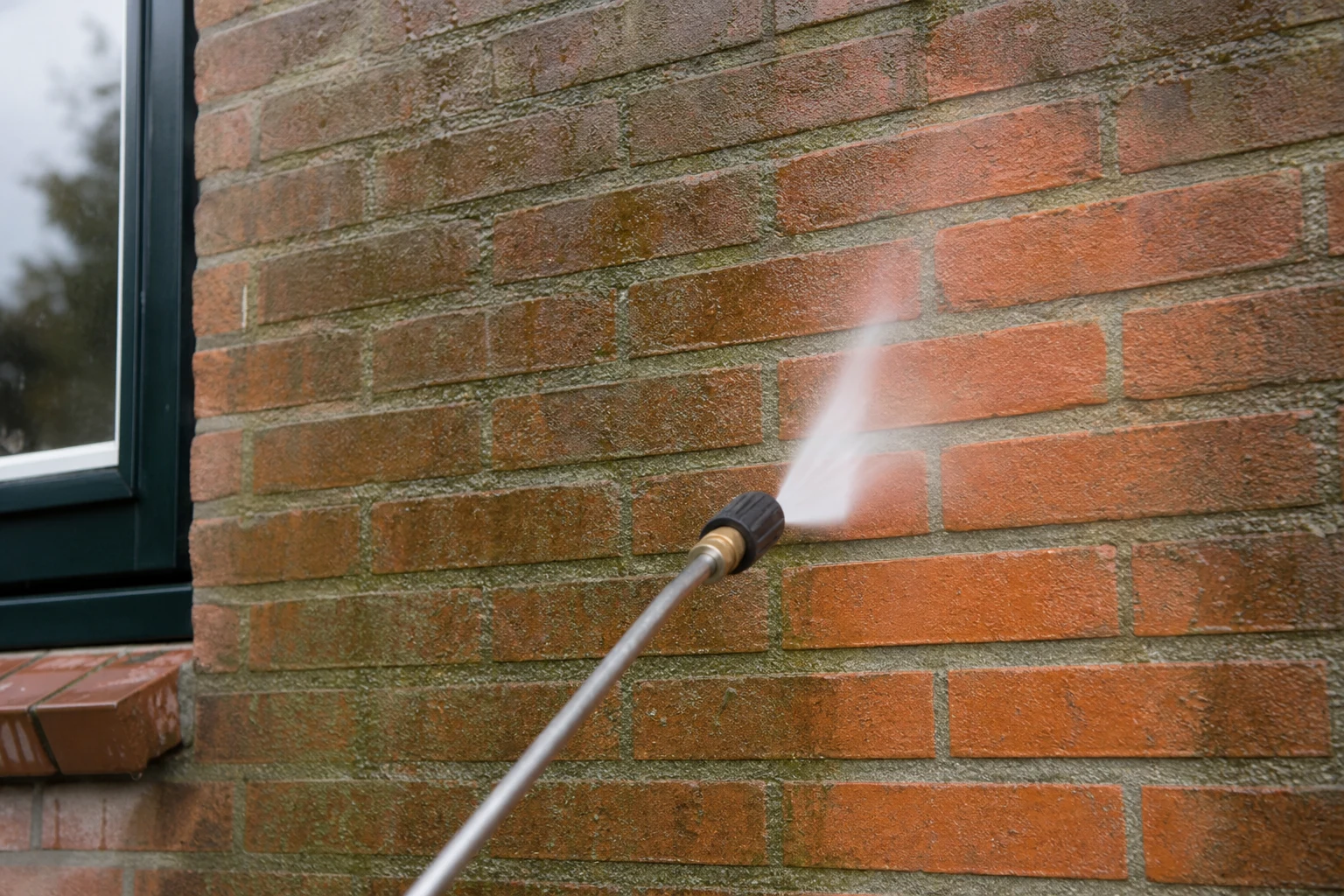 Close-up van professionele reiniging van een bakstenen woninggevel