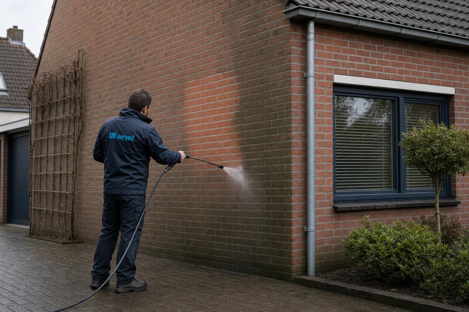 UB Served-medewerker reinigt met hogedruk de gevel van een woning