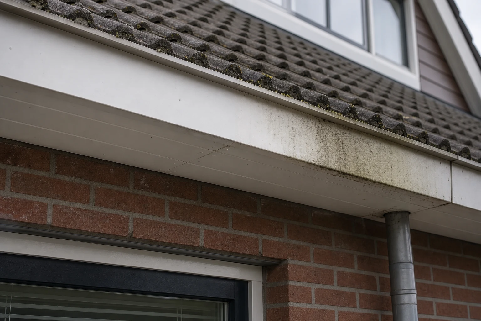 Close-up van een schoon en vervuild overstek van een Nederlandse woning