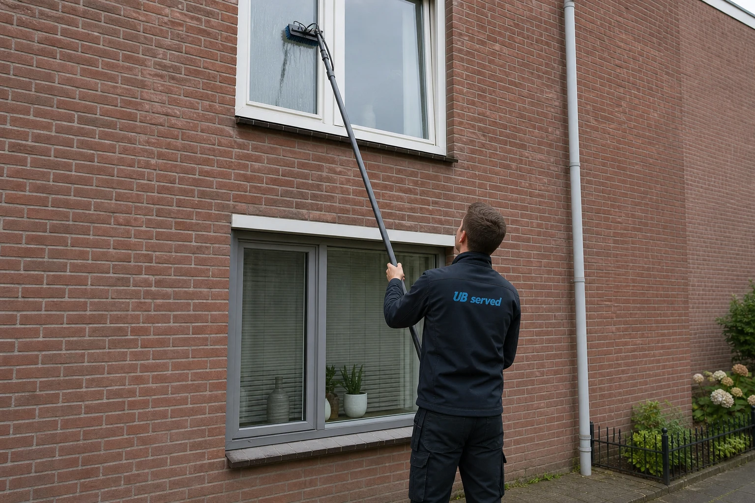 UB Served-medewerker reinigt de ramen van een Nederlandse woning