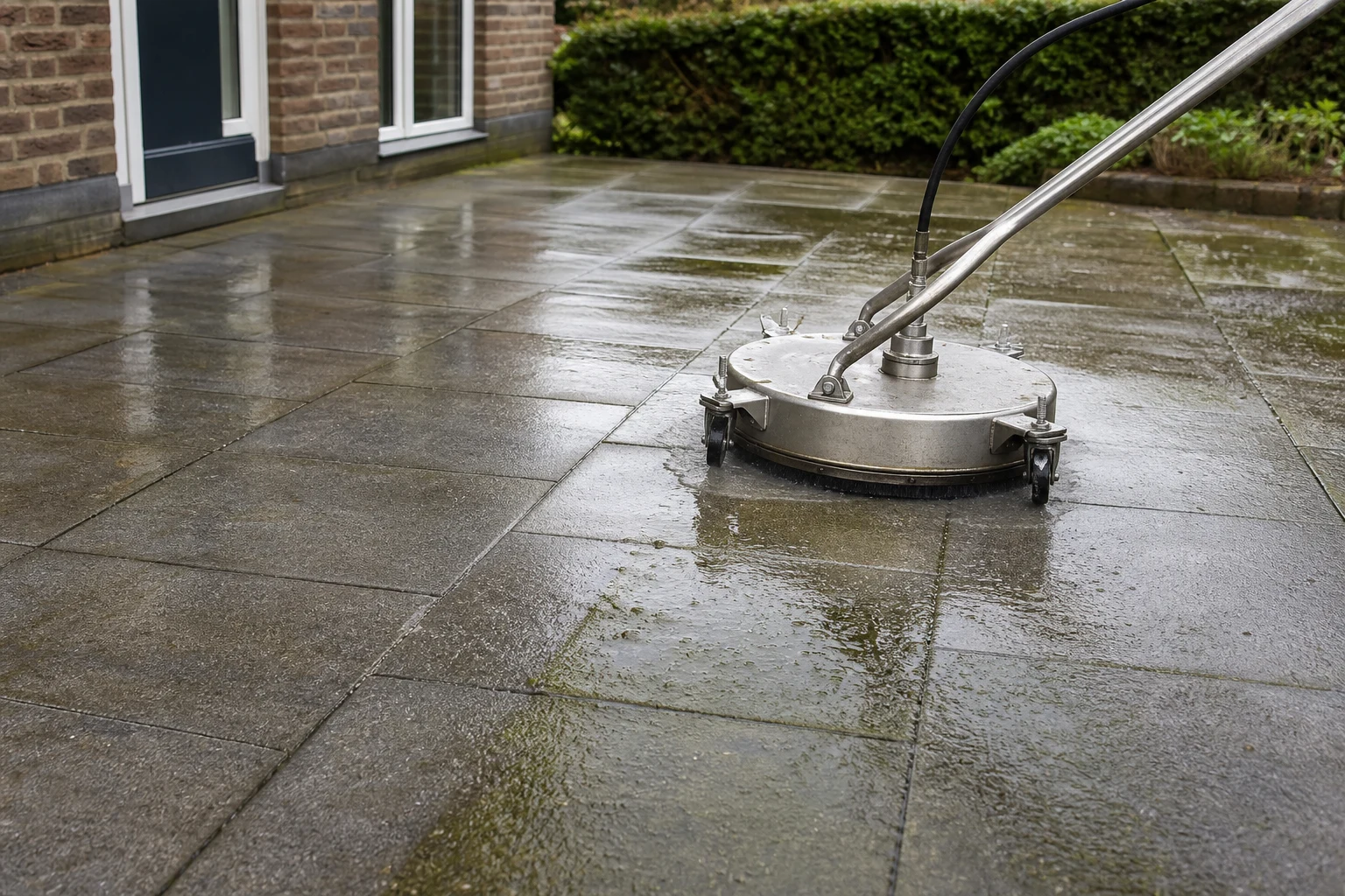 Professionele oppervlaktereiniger reinigt het terras van een Nederlandse woning
