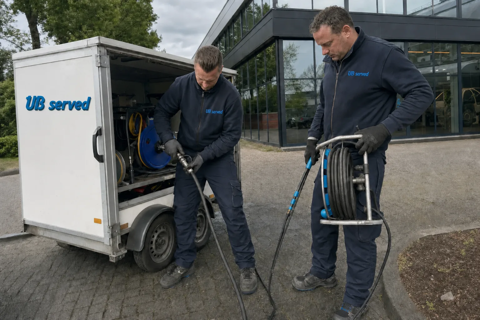 UB Served-medewerkers met professionele reinigingsapparatuur bij een bedrijfslocatie